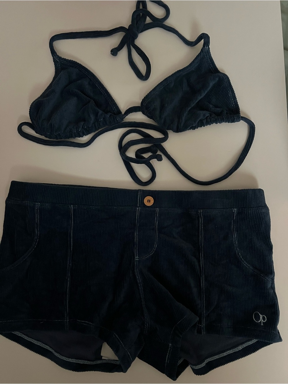 OP Dark Blue Corduroy Triangle Bikini Top and Swim Shorts